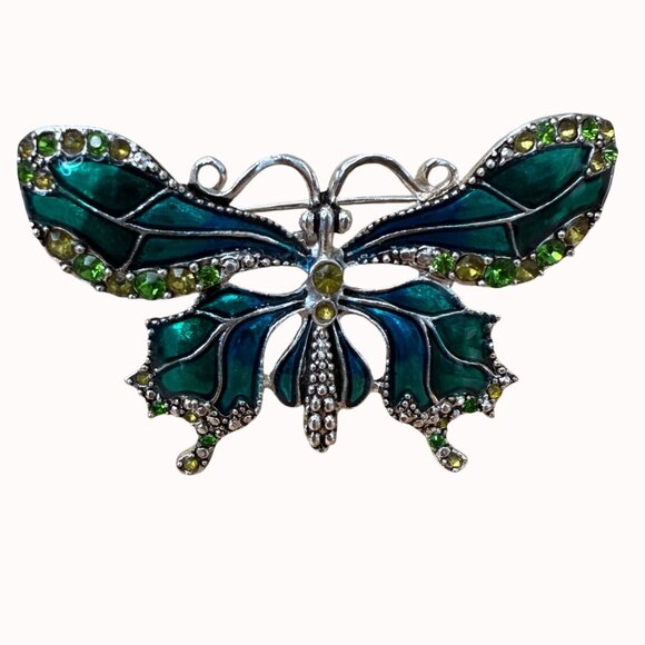 Vintage Monet Butterfly Brooch Green & Blue Enamel Rhinestone Accents Silver Ton - Picture 2 of 6